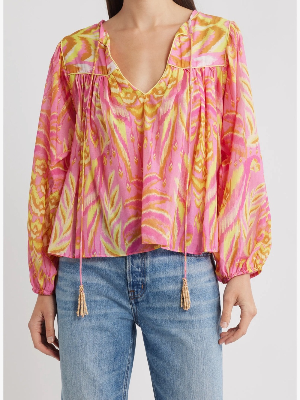 FARM Rio Pineapple Tapestry Tie Neck Top